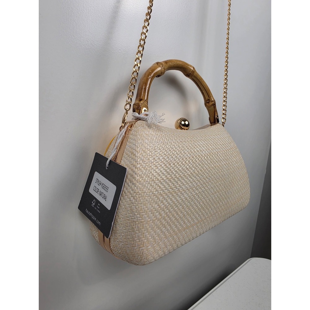 Haute Hippie Beaded Fruit Straw Clutch Crossbody Bamboo Handle Bag Natural NEW - Picture 6 of 13